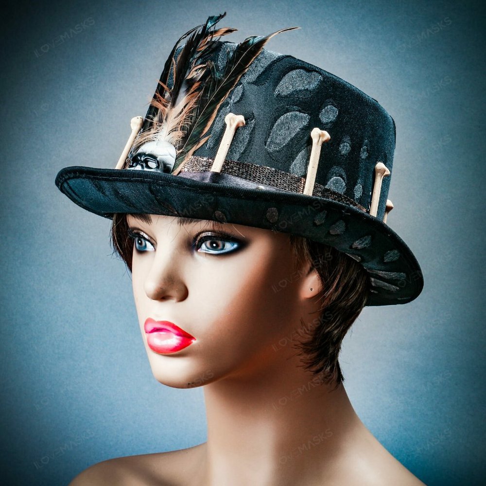 Voodoo Black New Orleans Top Hat w/ Skull, Bone Halloween Party Costume Hat